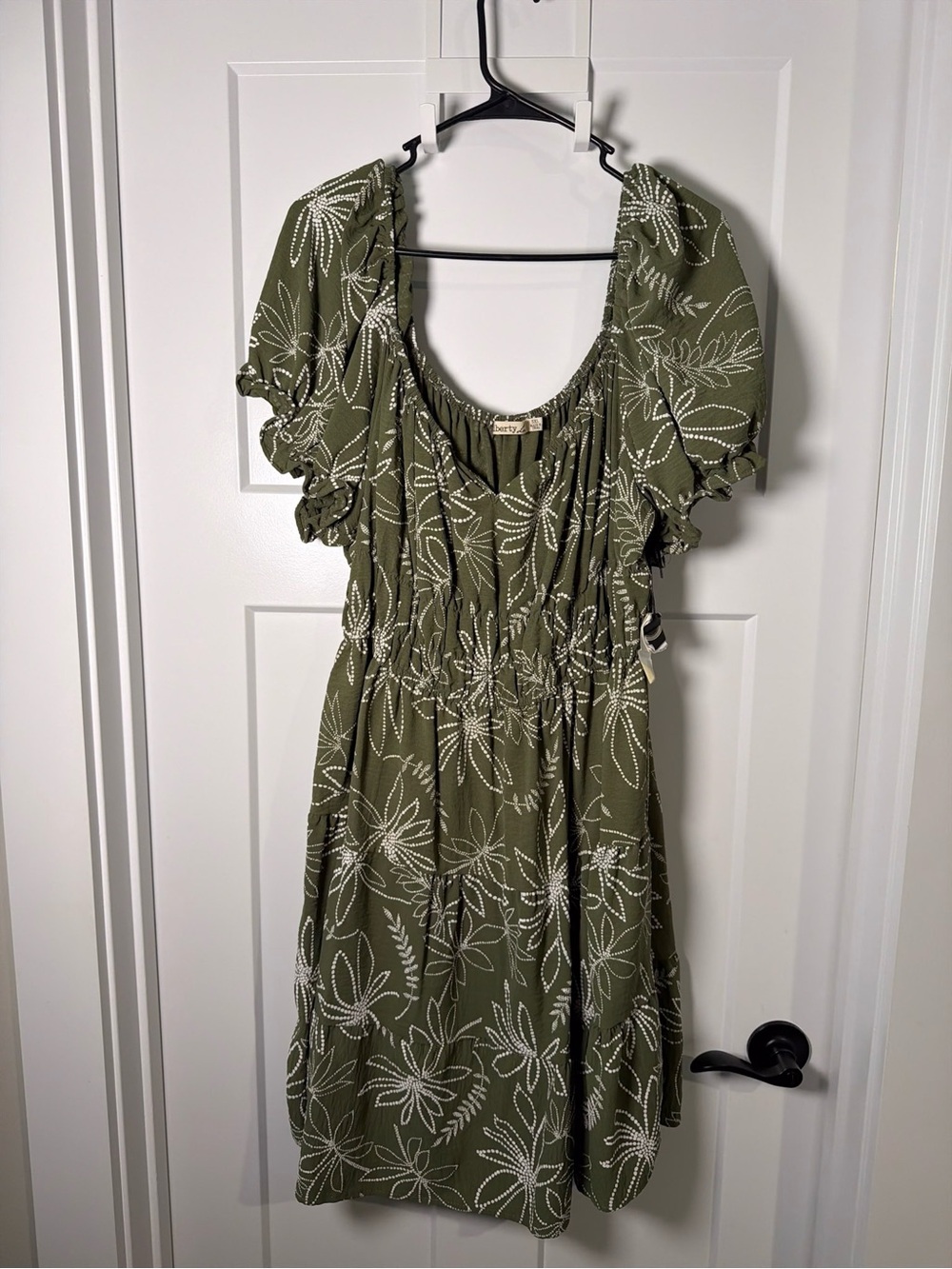 Olive Green Floral Puff-Sleeve Midi Dress